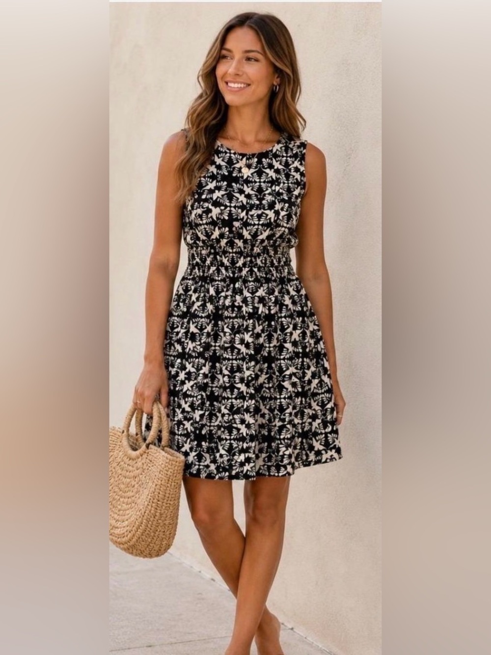 Universal Thread Black & White Floral Smocked-Waist Sundress